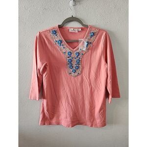 Quacker Factory Top Sz Sm Pink Beaded Sequin V-neck 3/4 Sleeve New Floral
